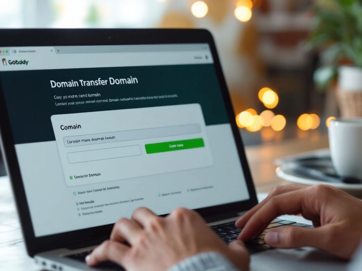 Laptop screen showing domain transfer process.